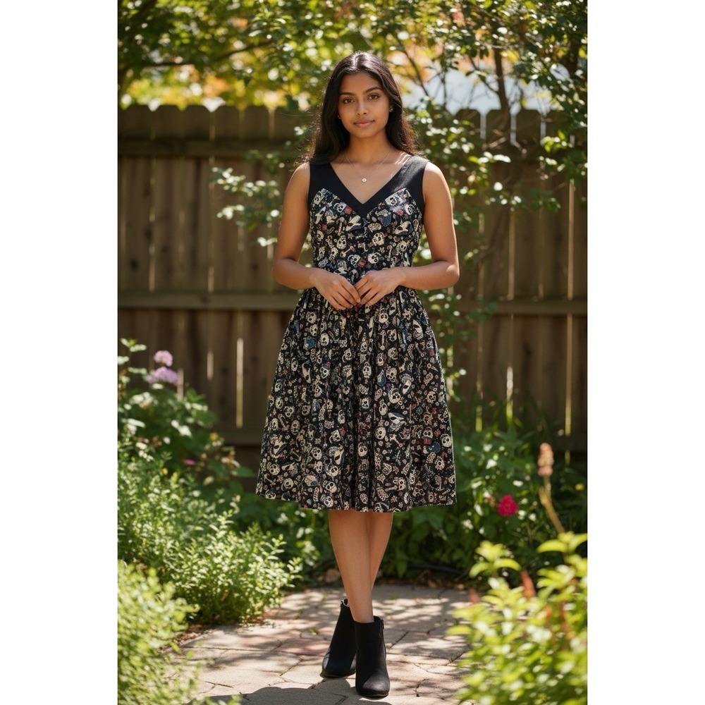 Hell Bunny Black Floral V-Neck Fit-and-Flare Dress